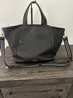 kate spade Black Pebbled Leather Tote with Striped Removable Strap